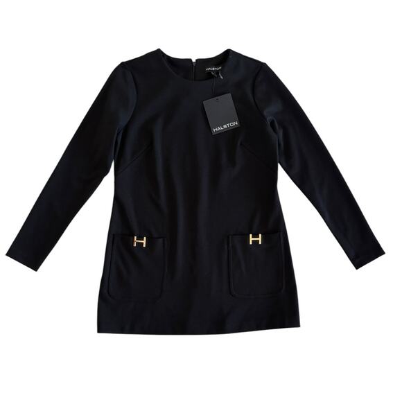 HALSTON PATCH POCKET KNIT LONG SLEEVE MINI DRESS NWT SIZE SMALL - Picture 2 of 8